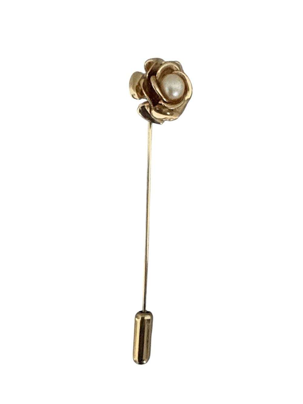 Vintage Gold Rose Stick Pin with Pearl Accent Elegant Brooch 2.5”